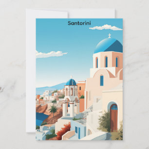 Tarjeta Santorini Retro Grecia Mediterráneo Azul y Blanco