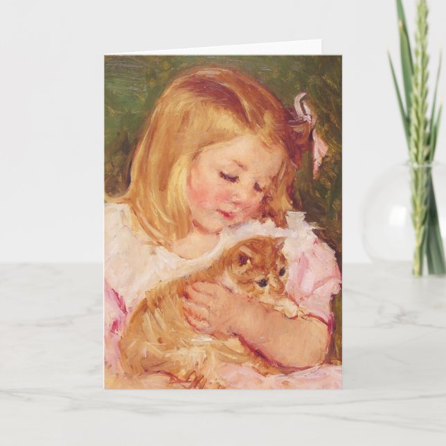 Tarjeta Sara sosteniendo un gato. Mary Cassatt de 1908 (Anverso)