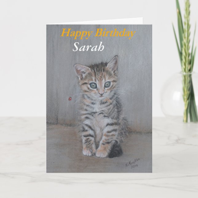 Tarjeta Sarah, arte gatito de cumpleaños feliz. (Anverso)