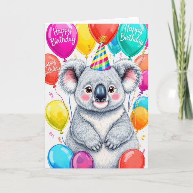 Tarjeta Sarcastic Birthday Koala with Colorful Balloons (Anverso)