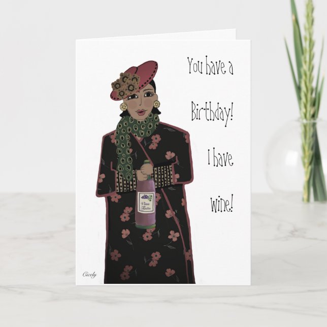 Tarjeta Sassy African American lady tema del vino Cumpleañ (Anverso)