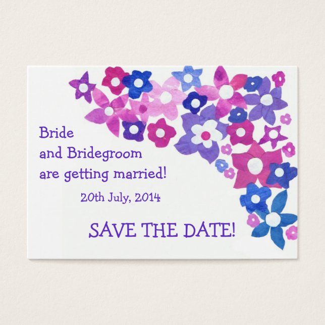 Tarjeta "Save the Date", flores rosadas y azules (Frente)