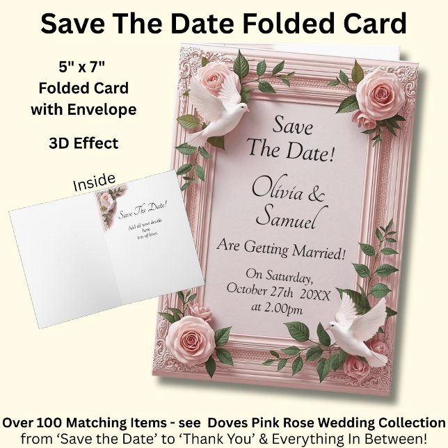 Tarjeta Save The Date - Pink Roses & Doves Wedding (Subido por el creador)