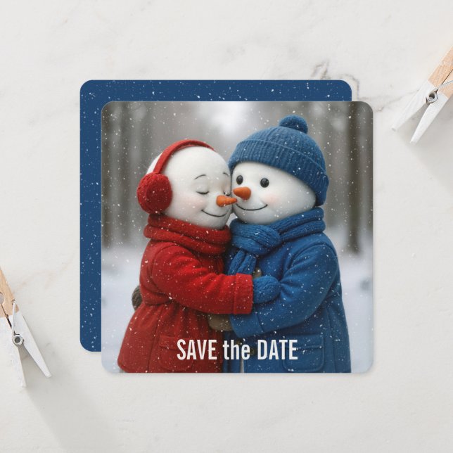 Tarjeta Save The Date Snowman Couple in Snowflakes (Anverso/Reverso In Situ)