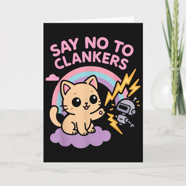 Tarjeta Say No To Clankers Anti Ai Robots Cute Kitten Rain (Anverso)