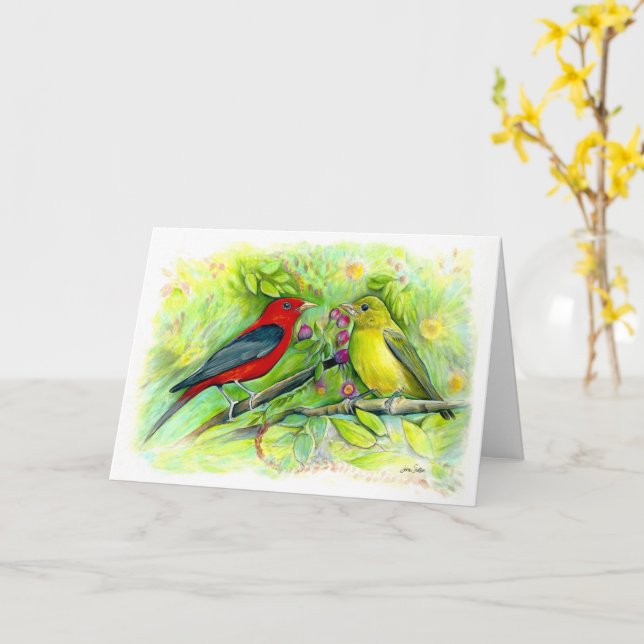 Tarjeta Scarlet Tanagers Watercolor Feliz cumpleaños (flor amarilla)