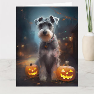 Tarjeta Schnauzer de Halloween con calabazas aterradoras