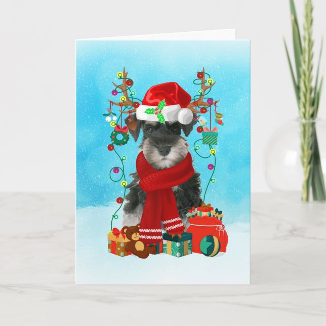 Tarjeta Schnauzer en la nieve con regalos de Navidades (Anverso)