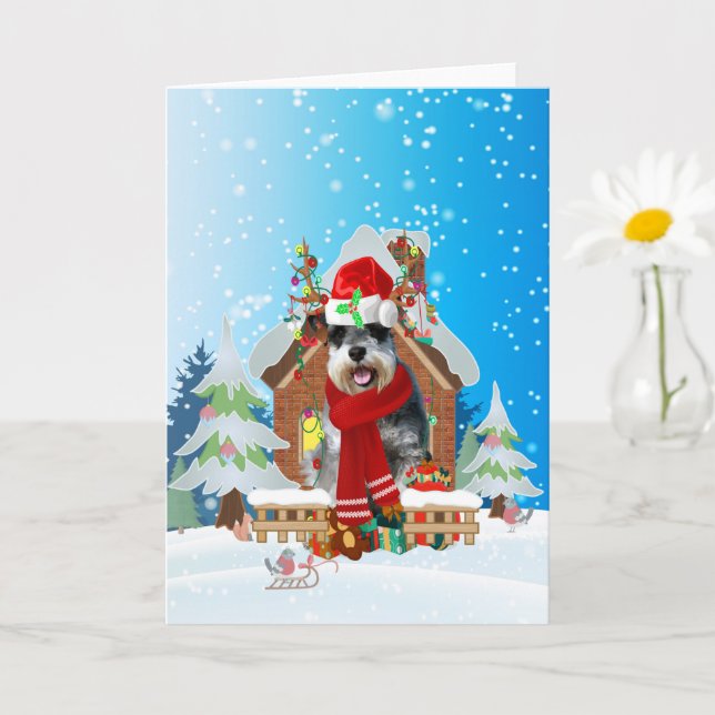 Tarjeta Schnauzer en la nieve con regalos de Navidades (Planta pequeña)