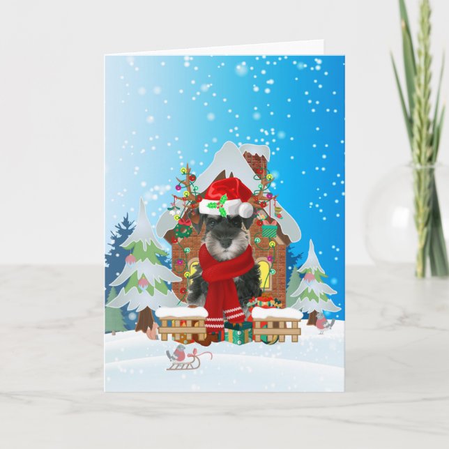 Tarjeta Schnauzer en la nieve con regalos de Navidades (Anverso)