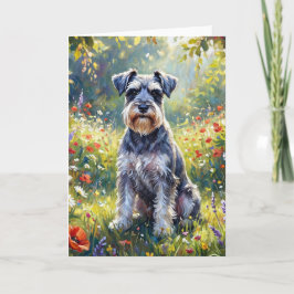 Tarjeta Schnauzer en prado de flores silvestres