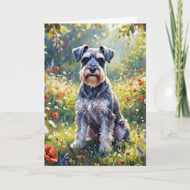 Tarjeta Schnauzer en prado de flores silvestres (Anverso)