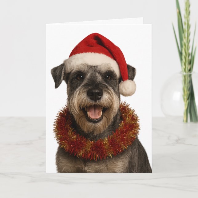 Tarjeta Schnauzer in a Santa hat Christmas card (Anverso)