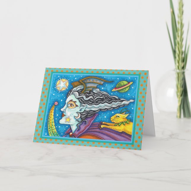 Tarjeta SCI FI SPACE WITCH & COMET CAT HALLOWEEN Blank (Anverso)