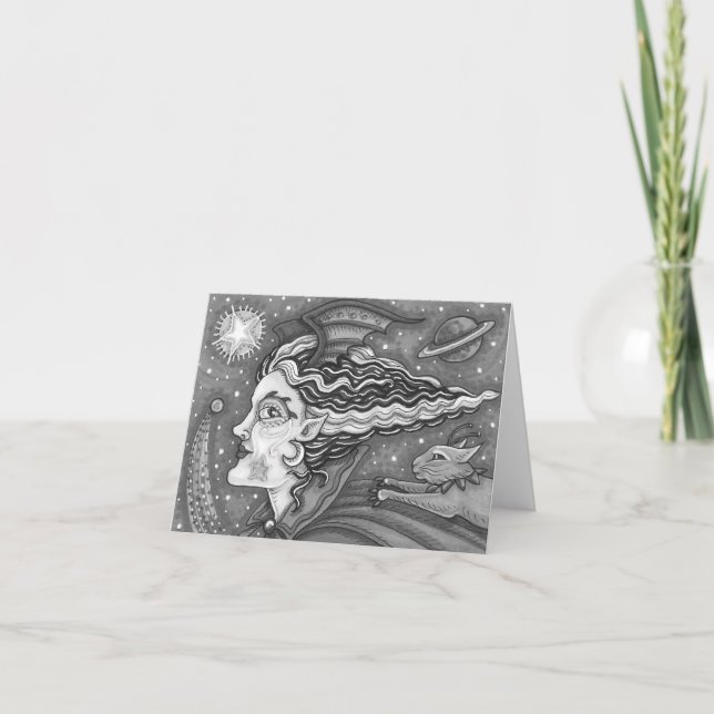 Tarjeta SCI FI SPACE WITY COMET CAT HUMOR BLK/WHT Blank (Anverso)