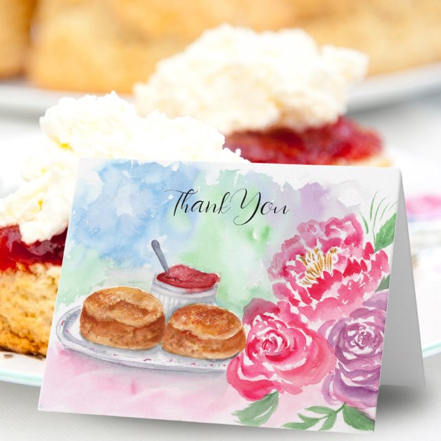 Tarjeta Scones de acuarela de agradecimiento con peonías (Express gratitude with this charming watercolor, perfect for tea lovers.)