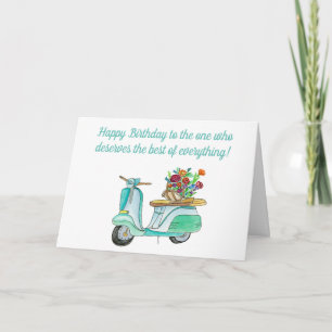Tarjeta Scooter de cumpleaños con cesto de flores acuarela