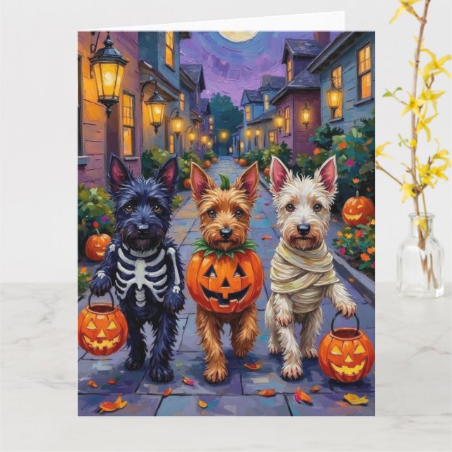 Tarjeta Scottish Terrier Dogs in Halloween Costumes (flor amarilla)