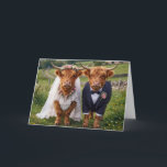 Tarjeta Scottish Wedding Highland Cows<br><div class="desc">Highland cows wearing a stunning white wedding gown and classic tuxedo in a picturesque country pasture.
The inside text can be changed.</div>