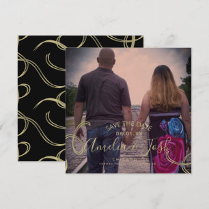 Tarjeta Script Save the Date Photo Faux Swirl Black Gold