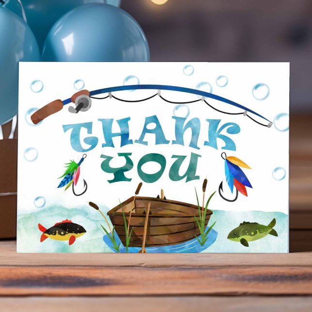Tarjeta Se fue de pesca o-fish-ialmente cumpleaños gracias (O-fish-ally, gone fishing, boy 1st birthday thank you cards.)