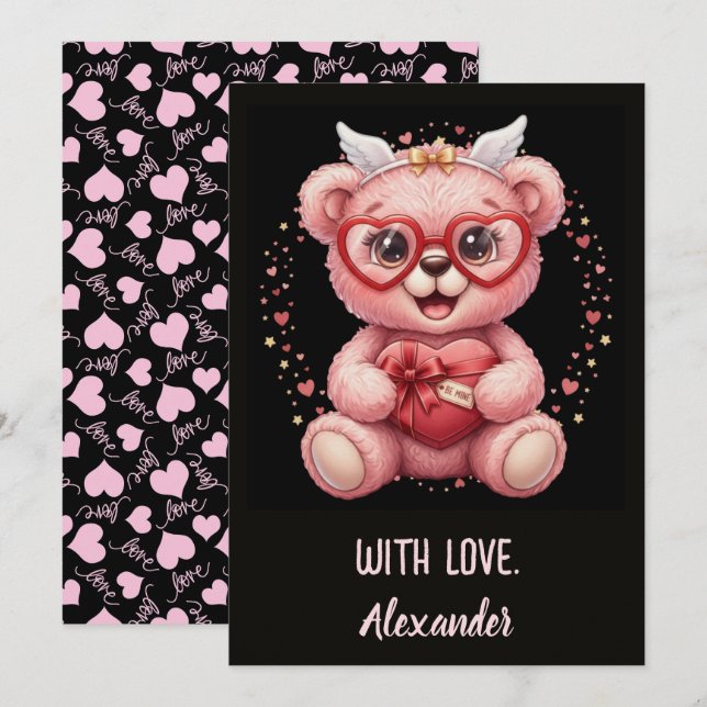 Tarjeta ¡Sé Mía! Osito de Peluche Rosa Dulce Corazón  (Anverso / Reverso)