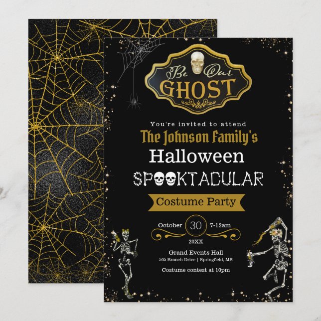 Tarjeta Sé Nuestro Fantasma Bailando Esqueletos Fiesta de  (Anverso / Reverso)