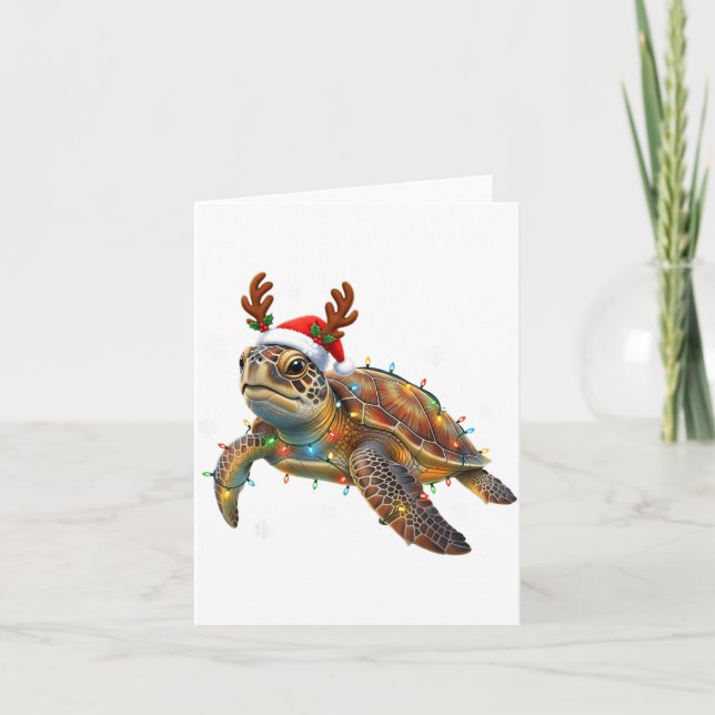 Tarjeta Sea Turtle Christmas Lights Funny Santa Hat Men Wo (Anverso)