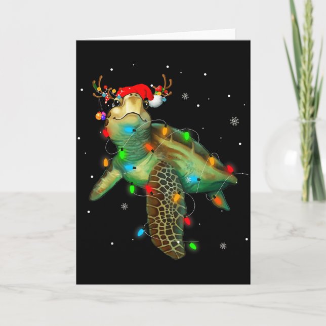 Tarjeta Sea Turtle Christmas Lights Funny Santa Hat Merry  (Anverso)