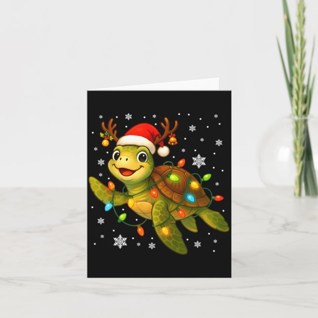 Tarjeta Sea Turtle Christmas Lights Funny Santa Hat Merry  (Anverso)