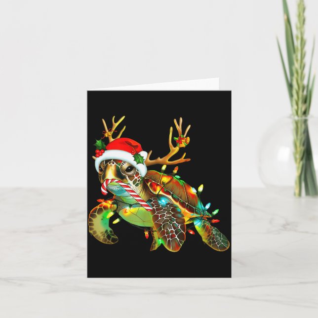 Tarjeta Sea Turtle Christmas Lights Santa Hat Merry Christ (Anverso)