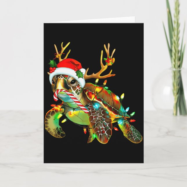 Tarjeta Sea Turtle Christmas Lights Santa Hat Merry Christ (Anverso)