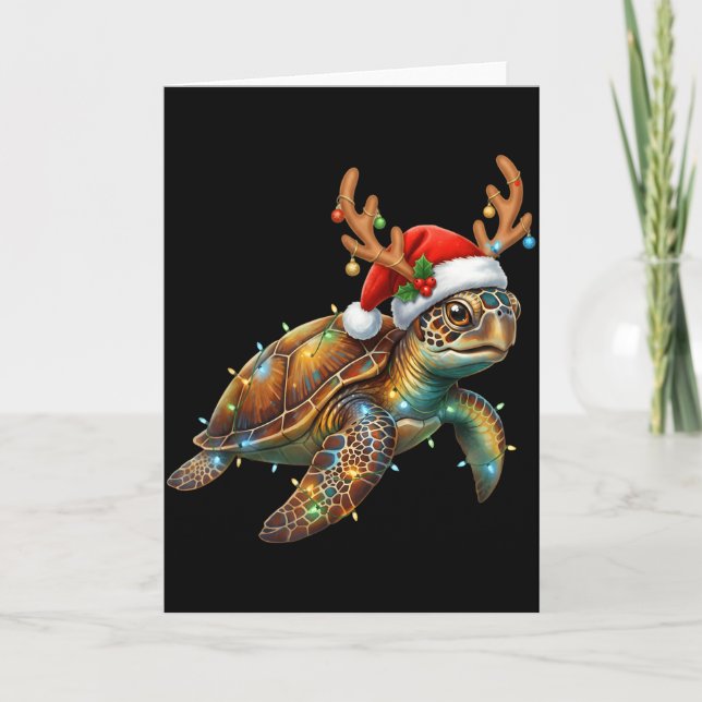 Tarjeta Sea Turtle Christmas Lights Santa Hat Merry Christ (Anverso)