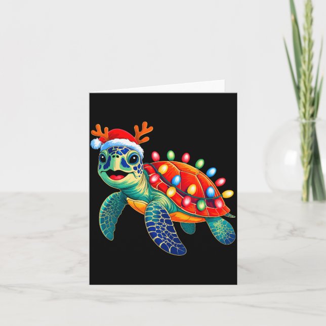 Tarjeta Sea Turtle Christmas Lights Santa Hat Xmas Family  (Anverso)
