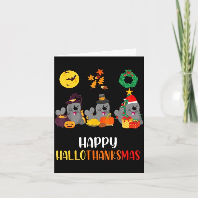 Tarjeta Seal Thanksgiving Merry Christmas Happy Hallothank (Anverso)