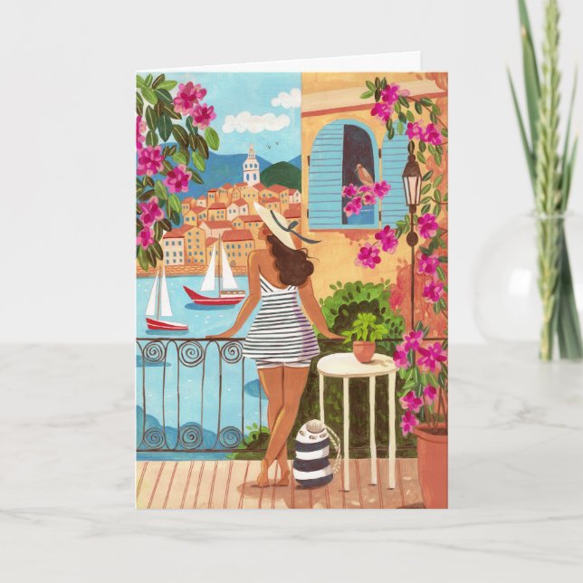 Tarjeta Seaside Balcony Woman Illustration Art Greeting (Anverso)