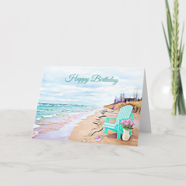 Tarjeta Seaside Beach Scene Verde azulada Silla Flores Cum (Anverso)