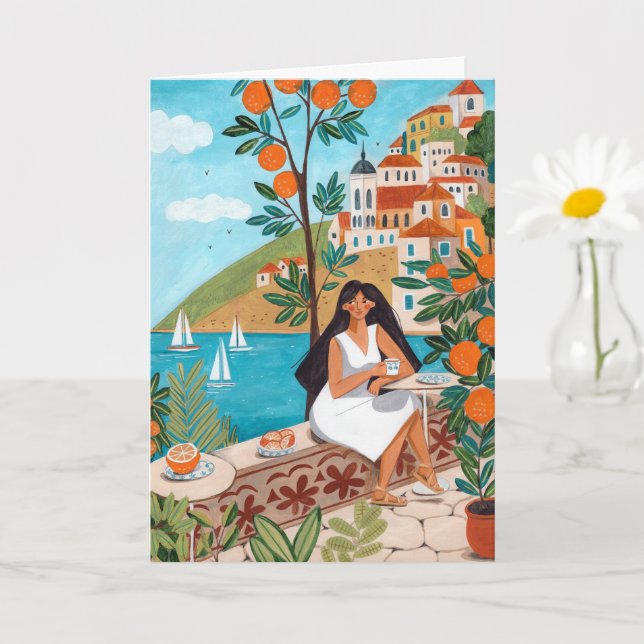 Tarjeta Seaside Café Woman Illustration Art Greeting Card (Planta pequeña)