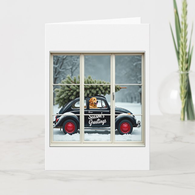 Tarjeta Seasons Greetings Dog Beetle Christmas Tree Window (Anverso)