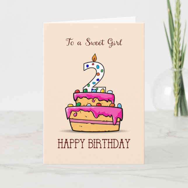Tarjeta Segundo cumpleaños, chica, 2 con pastelito rosa du (Anverso)