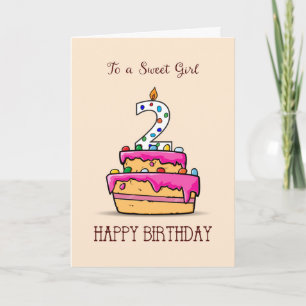 Tarjeta Segundo cumpleaños, chica, 2 con pastelito rosa du
