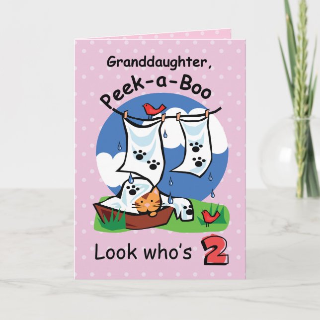 Tarjeta Segundo cumpleaños de la nieta, gatito de Peek-a-B (Anverso)