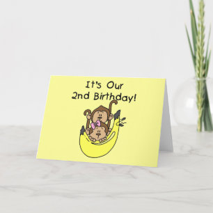 Tarjeta Segundo cumpleaños del mono gemelo y Chica