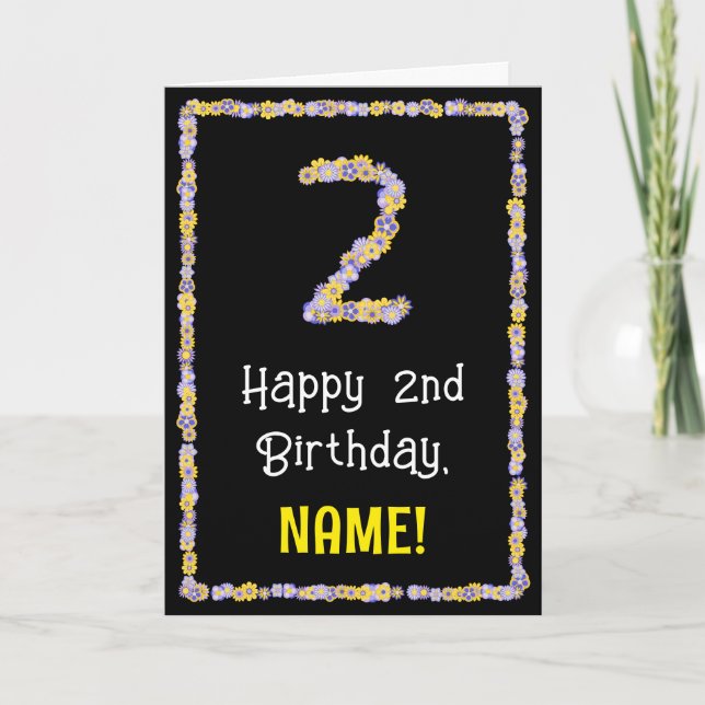 Tarjeta Segundo cumpleaños: número de flores florales, nom (Anverso)