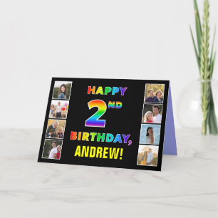 Tarjeta Segundo cumpleaños: texto arcoiris, fotos y nombre
