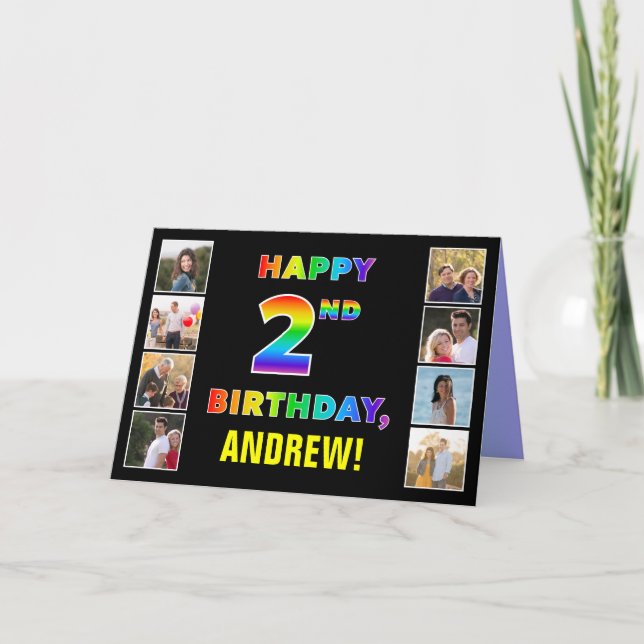Tarjeta Segundo cumpleaños: texto arcoiris, fotos y nombre (Anverso)