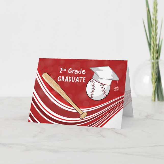 Tarjeta Segundo Graduado Batalla de Béisbol y Rojo Gorra (Anverso)