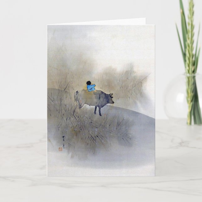 Tarjeta Seitei, un niño montando una vaca con una flauta (Anverso)