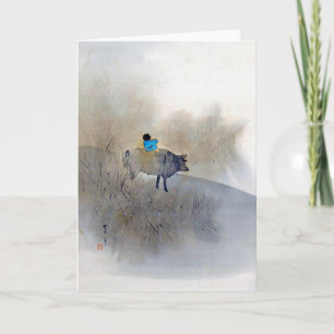 Tarjeta Seitei, un niño montando una vaca con una flauta