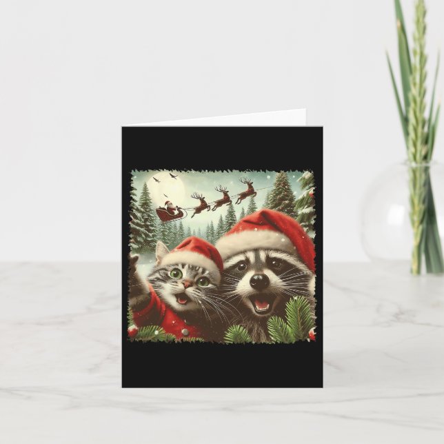 Tarjeta Selfi de gato con el trineo de Papá Noel divertido (Anverso)